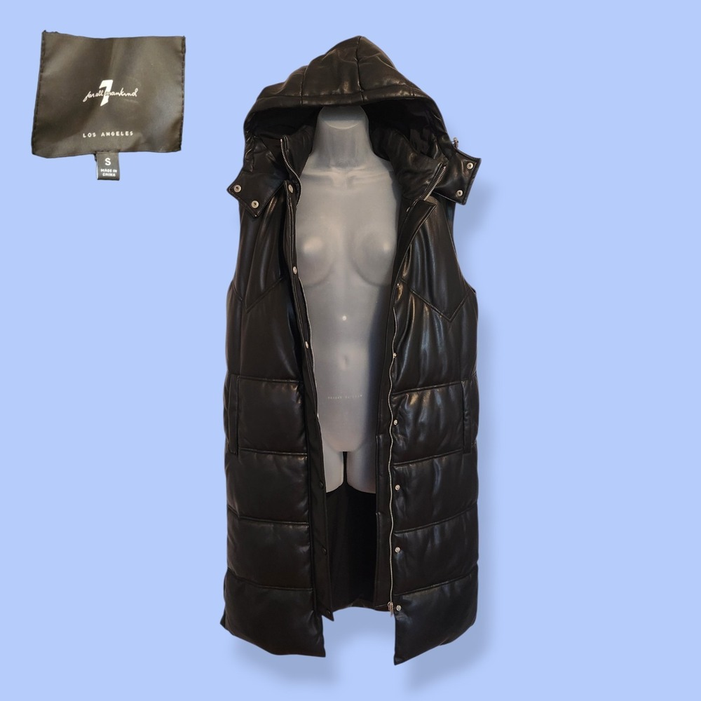 7 For All Mankind Womens Long Puffer Vest Hooded Black Faux Leather Size Small S